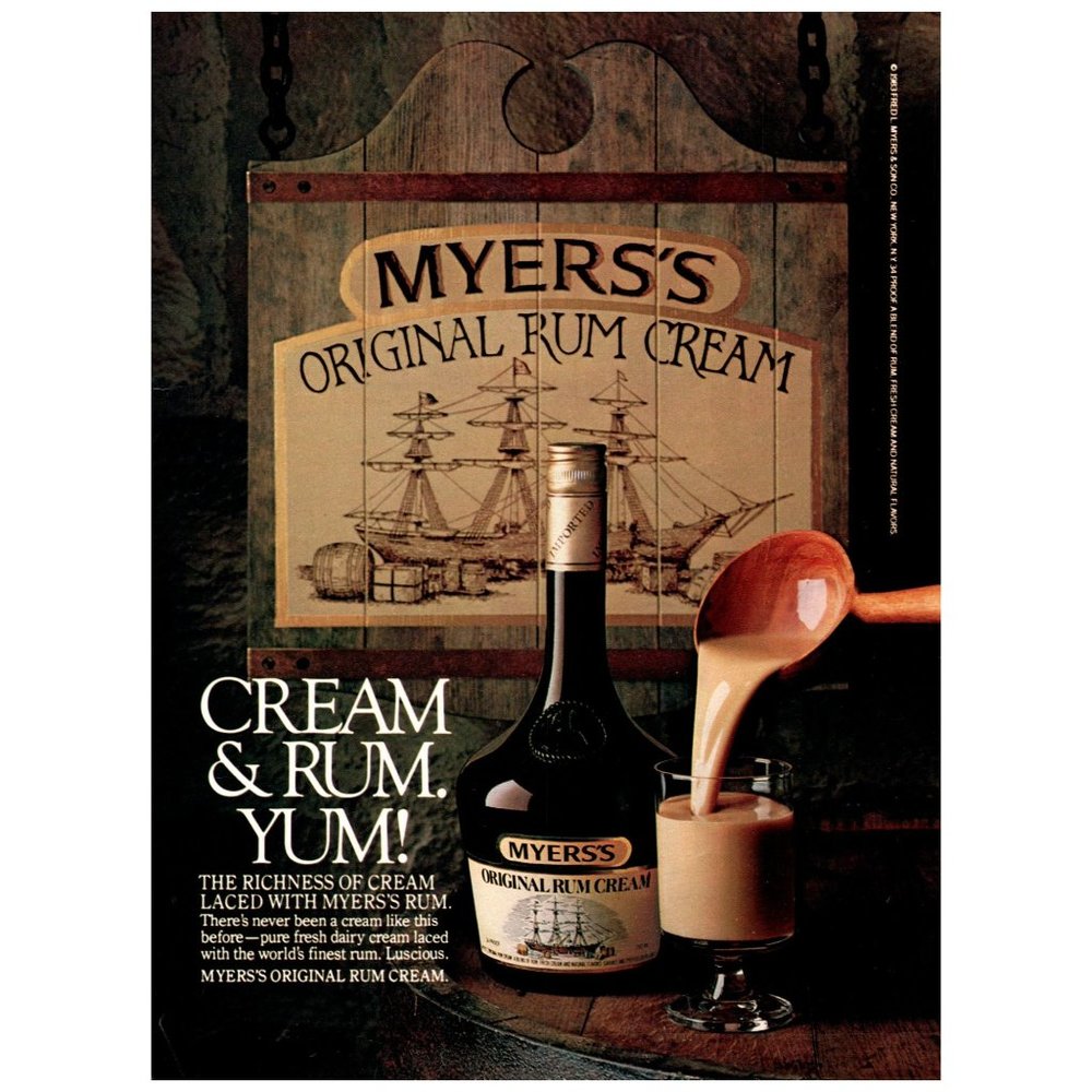 1984 Myer's Original Rum Cream Vintage Print Ad Pub Barrel Wood Sign Wall Decor